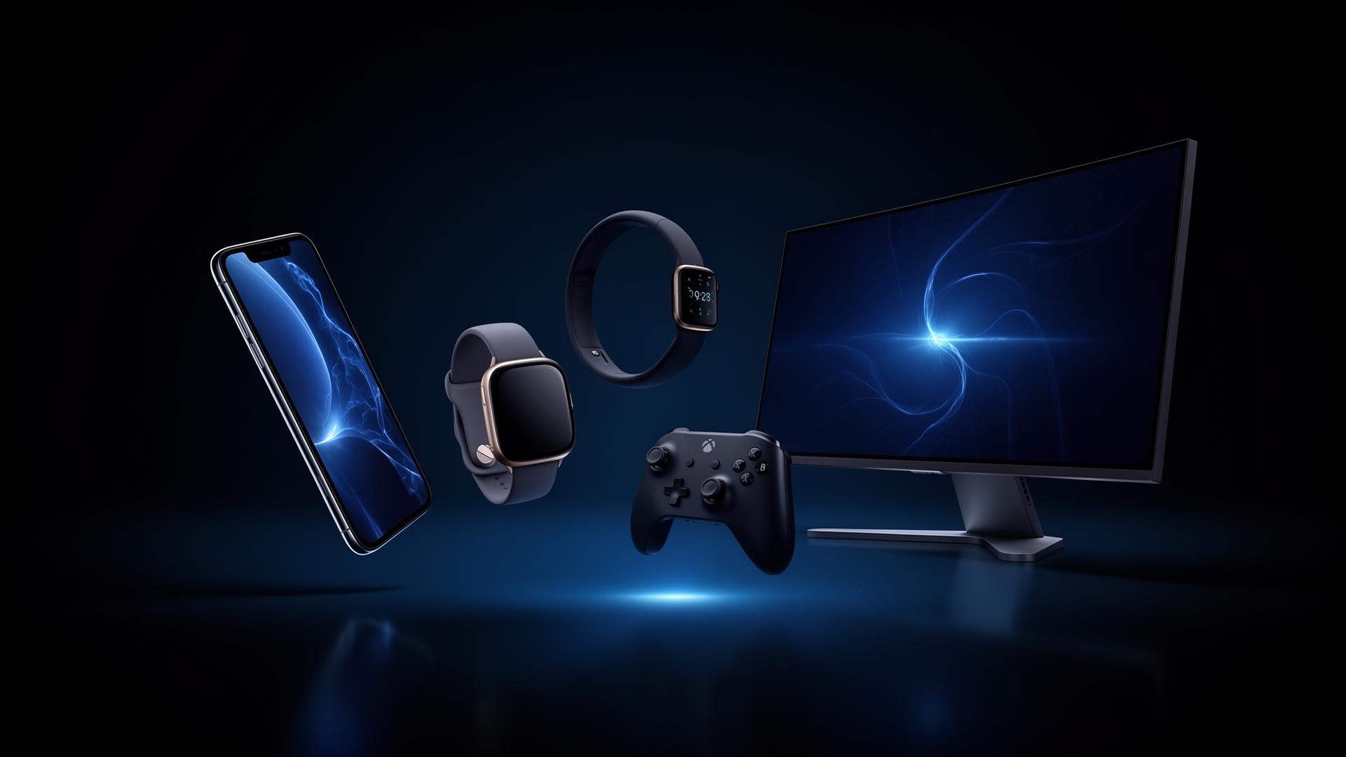 Premium electronics floating in a deep blue cinematic scene